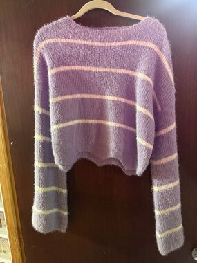 Gianni Bini Lilac and Cream Fuzzy Striped Crewneck Sweater